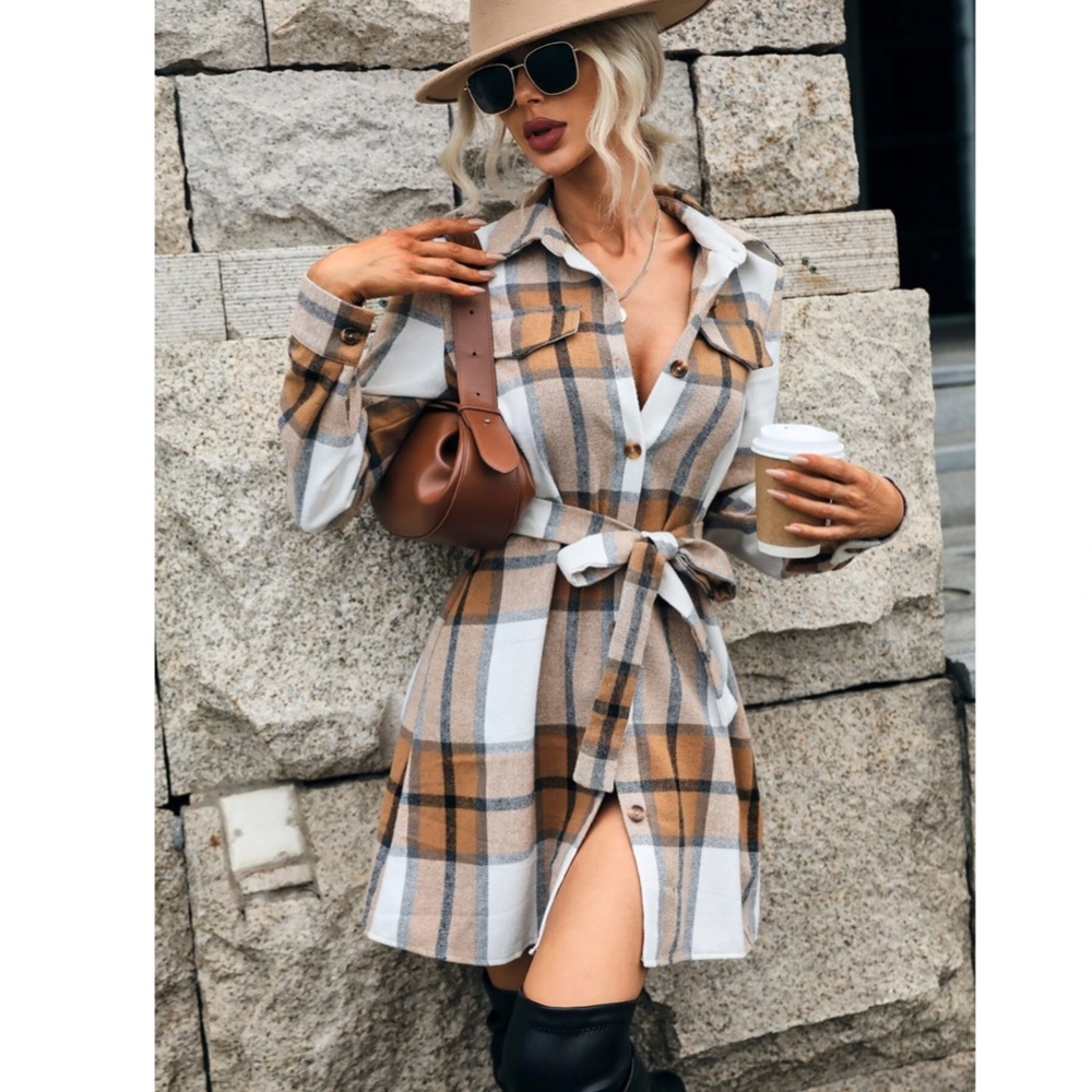 Plaid Long Sleeve Button Front Tie Belted Short Shirt Style Dress - Picture 4 of 10